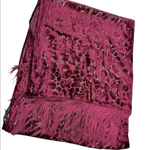 INC Animal Print Velvet Dark Red Gold Embellished Fringe Scarf - Picture 4 of 5